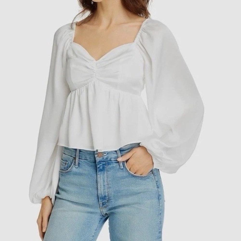 Voge Boutique Blouse Women Medium White Excellent Ruched Peplum Balloon Sleeve